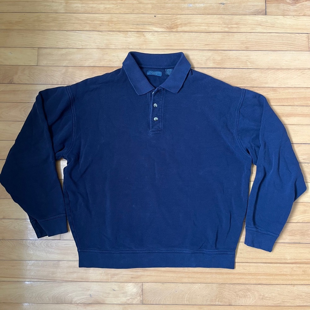 Lyle & Scott Mens XL Navy Blue Long Sleeve Polo Sweatshirt Cotton Pique Knit